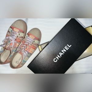Authentic Chanel Multicolor Tweed Fabric Cap Toe Low Top Sneakers Size 41
